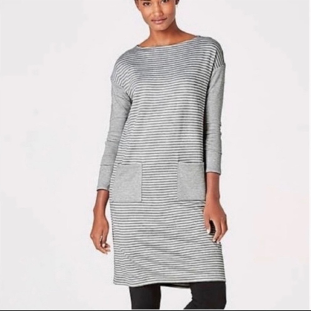 J. Jill Long Sleeve Pockets Shift Dress Grey White Stripe Stretch Tunic Cozy XL